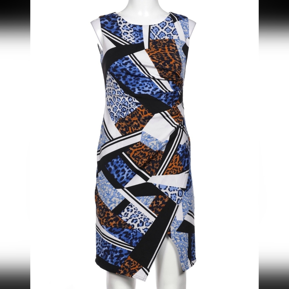 Joseph Ribkoff Leopard Print Brown &Blue Overlay Hem Midi Dress